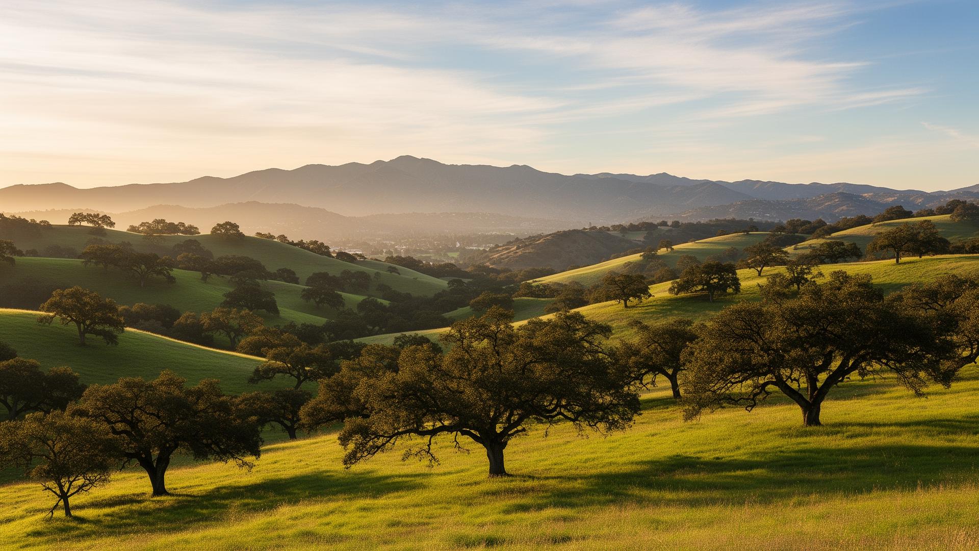 Golden hour over the Calabasas foothills with scattered oak trees and the Santa Monica Mountains beyond