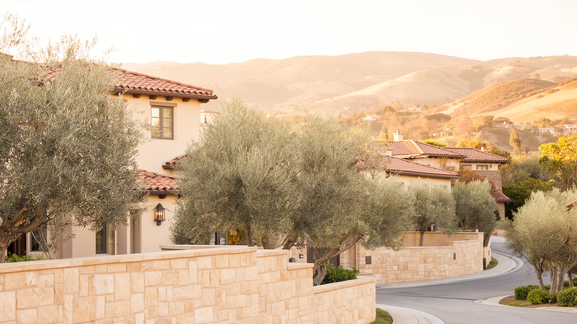 A warm Calabasas neighborhood at golden hour, with olive trees and Mediterranean homes against the Santa Monica Mountain foothills